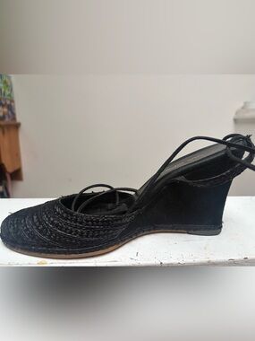 Via Spiga Black Braided Espadrille Wedge Sandals with Ankle Wrap